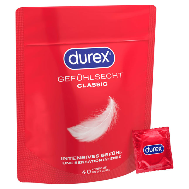 Durex Real Feel Classic prezervatīvi – plāni prezervatīvi ar anatomisku, viegli uzvelkamu formu, lubrikēti ar silikona gēlu – 40 gabalu iepakojums (1 x 40 gabali)