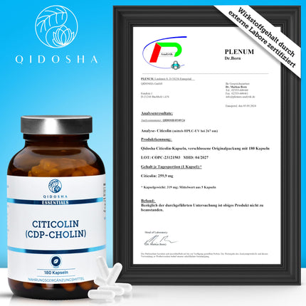 QIDOSHA® CDP holīna (citikolīna) kapsulas, 180 kapsulas aptiekas glāzē, 250 mg citikolīna/CDP holīna vienā kapsulā, vegāns, laboratorijā pārbaudīts, ražots Vācijā, citikolīna CDP holīns 250 mg