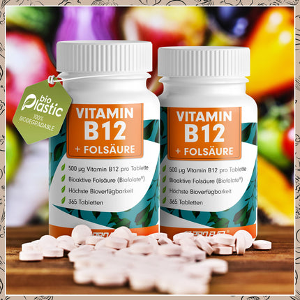 VITAMĪNS B12 lielā devā - 365 tabletes ar 500µg B12 vitamīna + 200µg Biofolate® folskābes - metilkobalamīns, adenozilkobalamīns un hidroksokobalamīns, B12 vitamīns - laboratoriski pārbaudīts ar sertifikātu - 100% vegāns