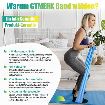 GYMERK fitnesa lentu komplekts (4 gab.), 1,8 m fitnesa lentes, 4 pretestības līmeņi ar vingrojumu plakātu, vingrojumu lente ar pārnēsāšanas somu un vingrojumu instrukcijām, ideāli piemērotas jogai, Pilates, muskuļu veidošanai, fizioterapijai