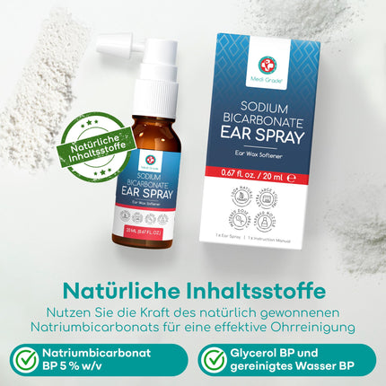 Vidējas kvalitātes ausu sēra noņemšanas aerosols – dabīgs nātrija bikarbonāta ausu tīrīšanas aerosols aizliktām ausīm, ausu sēra noņemšanai – 20 ml pudele ar vairāk nekā 50 ausu aerosoliem vienkāršai lietošanai