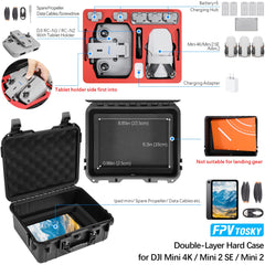 FPVtosky 8 vienā piederumu komplekts DJI Mini 4K/Mini 2/Mini 2 SE dronam: divslāņu pārnēsāšanas soma, planšetdatora stiprinājums, RC-N1 siksna, nolaišanās mehānisms, propellera turētājs, 2 vadības sviras, 2 datu kabeļi, digitālā uzlīme