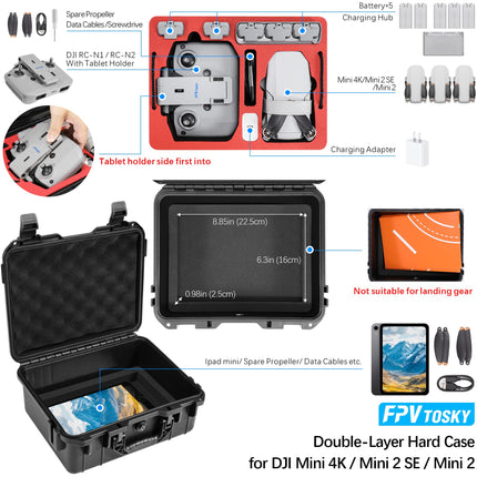 FPVtosky 8 vienā piederumu komplekts DJI Mini 4K/Mini 2/Mini 2 SE dronam: divslāņu pārnēsāšanas soma, planšetdatora stiprinājums, RC-N1 siksna, nolaišanās mehānisms, propellera turētājs, 2 vadības sviras, 2 datu kabeļi, digitālā uzlīme