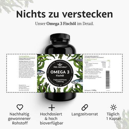 Omega 3 kapsulas ar augstu devu — gada deva 365 kapsulas — tikai 1 kapsula dienā — neaizvietojamās Omega 3 taukskābes EPA un DHA — zivju eļļas kapsulas no ilgtspējīgas zvejas, bez nevajadzīgām piedevām