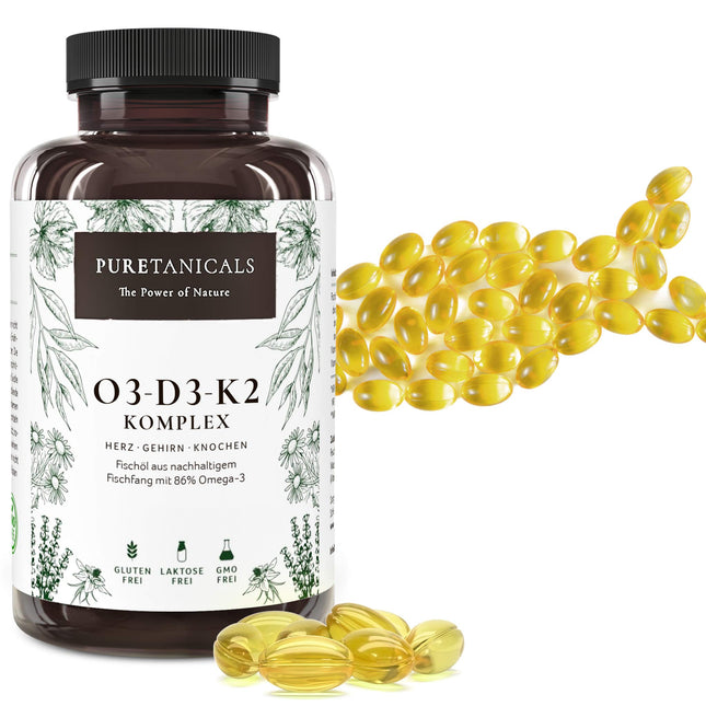 Omega 3 + D3 vitamīns, K2 MK7 All-Trans mikrokapsulās - Premium Essentials O3-D3-K2 augsta deva - zivju eļļa ar neaizvietojamām EPA un DHA taukskābēm | Zivju eļļa Omega3 Zivju eļļas pilieni | 240 kapsulas