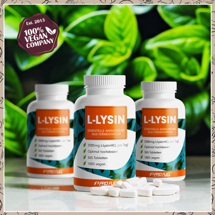 L-lizīna tabletes 365x - optimāli augsta deva ar 2000 mg lizīna hidrohlorīda dienā, no kuriem 1600 mg tīra L-lizīna - fermentācijas ceļā iegūta neaizvietojamā aminoskābe - 100% vegāns - laboratorijā pārbaudīts ar sertifikātu