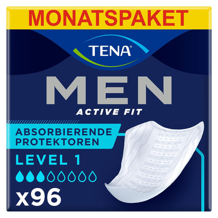 TENA Men uzsūcošie ieliktnīši urīna nesaturēšanai, 1. līmenis, vieglas urīnpūšļa vājuma gadījumā, 96 ieliktnīši (12 x 8 iepakojumi) vīriešiem, īpaši izstrādāti, garums 23 cm