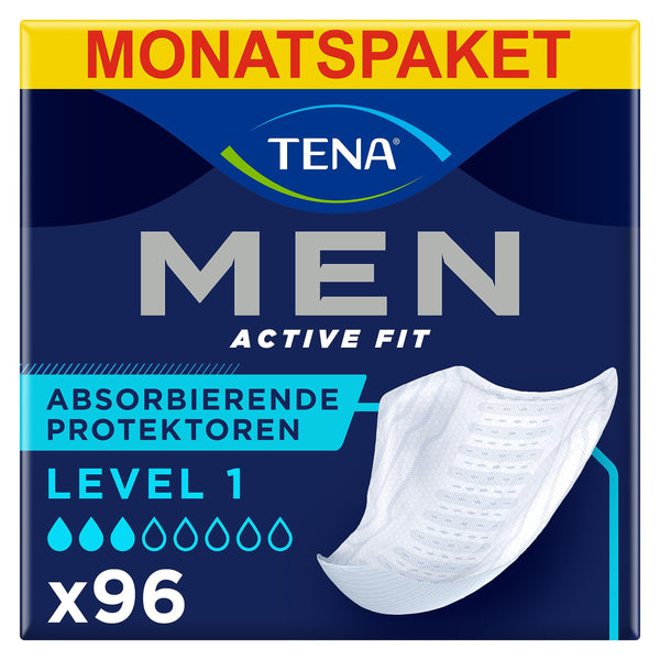 TENA Men uzsūcošie ieliktnīši urīna nesaturēšanai, 1. līmenis, vieglas urīnpūšļa vājuma gadījumā, 96 ieliktnīši (12 x 8 iepakojumi) vīriešiem, īpaši izstrādāti, garums 23 cm