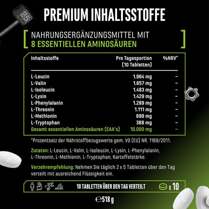 Multi Amino-EAA Pattern Code - 500 tabletes pa 1000 mg katra - Cilvēka koda formula - Visas 8 neaizvietojamās aminoskābes - No augu fermentācijas - Augsta deva - Vegāns