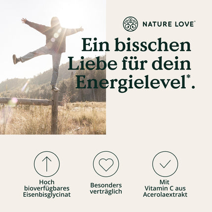 NATURE LOVE® dzelzs tabletes ar C vitamīnu - 240 tabletes - 20 mg dzelzs un 40 mg C vitamīna vienā tabletē - Augsti biopieejams dzelzs bisglicināts (dzelzs helāts) - Vegāns, ražots Vācijā