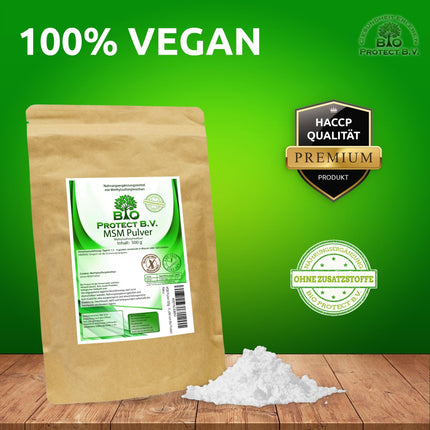 MSM pulveris 500g - 99,9% tīrs - Bez piedevām - Vegāns - 1/2 kg Premium MSM - Metilsulfonilmetāns - Organiskais sērs no Bio Protect