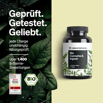 natural elements Bioloģiskā kurkuma un ingvers – 180 kapsulas – Bioloģiskā kurkuma, bioloģiskais ingvers un bioloģiskie pipari – ar kurkumīnu un piperīnu – Augsta deva – Ražots Vācijā un laboratorijā pārbaudīts vegāns