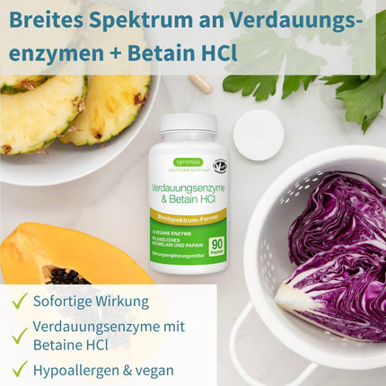 Gremošanas enzīmu komplekss ar betaīna hidrohlorīdu un bromelaīnu, 10 vegāniski enzīmi ar papaīnu un lipāzi, visaptverošs gremošanas atbalsts, hipoalerģisks, 90 kapsulas, no Igennus