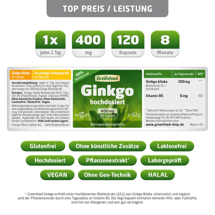 Ginkgo Biloba, augsta deva, 400 mg - 120 kapsulas, vegāns. Tīrs lapu ekstrakts ar B5 vitamīnu – atbalsta kognitīvās funkcijas. BEZ mākslīgām piedevām, laboratoriski pārbaudīts. No Greenfood.