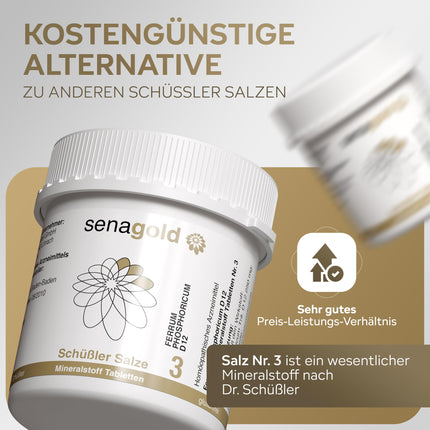 Senagold Schuessler sāls Nr. 3 — Ferrum phosphoricum D12 tabletes — bez lipekļa (400 tabletes)