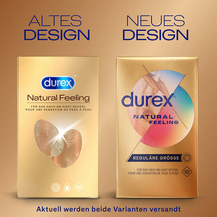 Durex Natural Feeling prezervatīvi – lateksa nesaturoši prezervatīvi, kas izgatavoti no Real Feel materiāla un ar anatomisku Easy-On formu – 14 gab. iepakojumā (1 x 14 gab.)