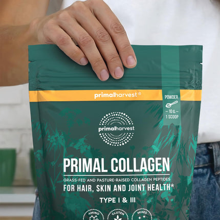 Primal Harvest kolagēna pulveris (30 porcijas) - bioaktīvs augstākās kvalitātes kolagēna komplekss - ilgtspējīgi barots ar zāli - kolagēna hidrolizāts - bezgaršīgs - optimāla šķīdība (kolagēns)