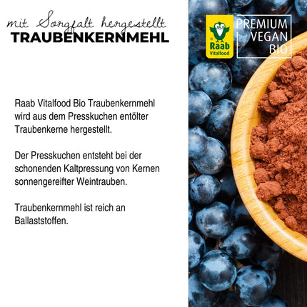 Raab Vitalfood® Bioloģiskais vīnogu kauliņu miltu pulveris (300 g) - bagāts ar šķiedrvielām (60% šķiedrvielu saturs), vegāns, bez glutēna, augstākās kvalitātes bioloģisks produkts