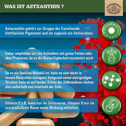 Astaksantīns 12 mg - SVARĪGI: Neoksidējas, pateicoties esterificētai struktūrai - Tiešs avots no Francijas (nevis Ķīnas preces) - Sertificēts astaksantīns augstā devā - DE- SCHEUNENGUT®