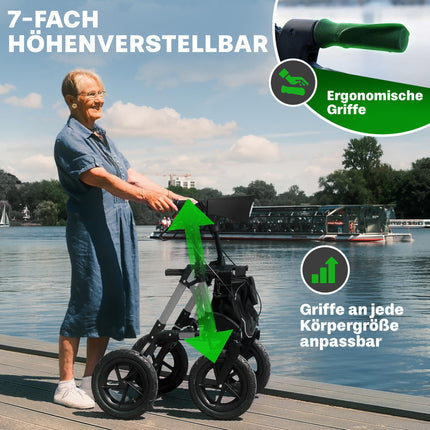 Āra rollators ar 30 cm pneimatiskajām riepām, sēdekļa un muguras siksnu ar noņemamu somu - augstumā regulējamiem ergonomiskiem rokturiem. Visurgājēju rollators, salokāms, izturīgs un viegls, izgatavots no alumīnija, pērļu baltā krāsā