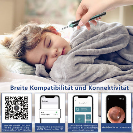 Ausu sēra noņēmēja otoskops, VITCOCO 1920P WiFi ausu tīrītājs, IP67 ūdensizturīgs otoskopa auss, 360° platleņķa otoskopa kamera ar 6 gaismas diodēm pieaugušajiem, bērniem un mājdzīvniekiem (melns)
