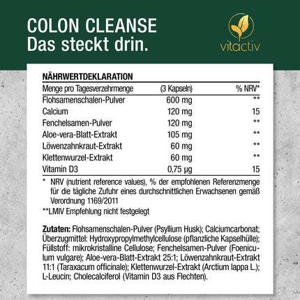 VITACTIV Colon Cleanse Ultra - 100 kapsulas, vegānas - normālai gremošana - dabīgas šķiedrvielas - psyllium Husk kapsulas ar alveju, fenheļa sēklām, pienenes lakstu, diždadža sakni, kalciju un D3 vitamīnu