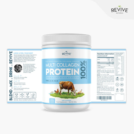 Revive Naturals multikolagēna proteīna pulveris - I, II, III, V un X tipi - hidrolizēta ar zāli barota liellopu gaļa, savvaļā noķertas zivis un brīvās turēšanas vistas gaļa, bez garšas, halāls - (400 g), pulveris