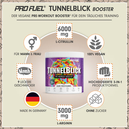 Pre-Workout Booster³ SKORU AUGĻU KOŠĻĀJAMĀS KONFEKTES 440g - neticami gardas - TUNNELBLICK Training Booster³ ar citrulīnu, arginīnu, taurīnu, kofeīnu, guarānu un magniju - optimāli dozētas - 100% vegānas