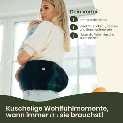 KUNU® oriģinālā karstā ūdens pudeles josta - komplektā. Dāvanu iepakojums - augstākās kvalitātes karstā ūdens pudele ar papildu vāciņu - īpaši gara 130 cm siltuma josta menstruācijām - ārkārtīgi pūkaina - ideāli piemērota mugurai, vēderam un kaklam