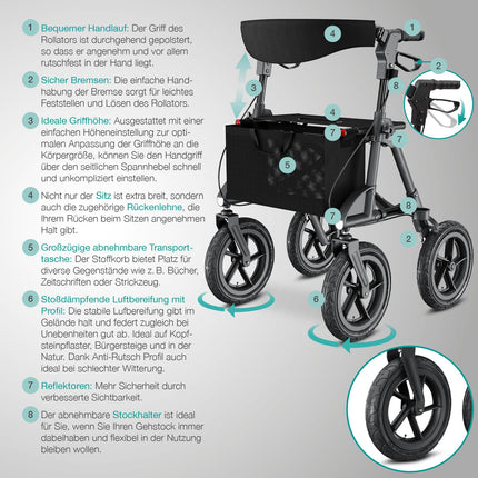 Salokāms un viegls maxVitalis Rollator ar sēdekli, āra rollator ar pneimatiskajām riepām, ieskaitot sēdekli, muguras siksnu, augstumā regulējamu alumīnija staigāšanas palīglīdzekli, ieskaitot somu un spieķu turētāju, antracīta krāsā