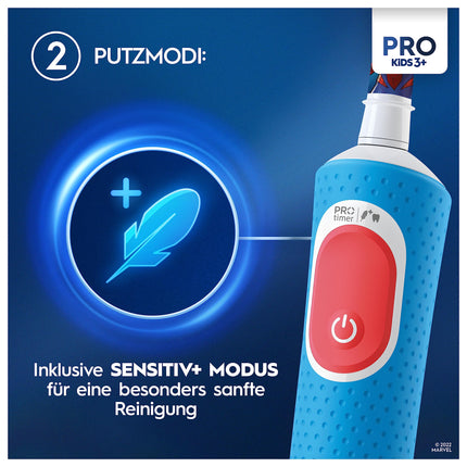 Oral-B Pro Kids Spiderman elektriskā zobu birste bērniem no 3 gadu vecuma, ieskaitot Sensitive+ režīmu zobu kopšanai, īpaši mīksti sariņi, 1 birstes galviņa, 4 uzlīmes, zila/sarkana