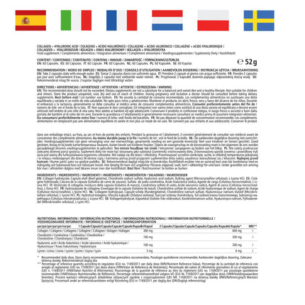 Augstas devas kolagēna kapsulas + hialuronskābe + hondroitīns + lizīns, 600 mg tīra kolagēna hidrolizāta dienā, 60 kapsulas 1 mēnesim, bioaktīvas un bez piedevām, ražotas Vācijā