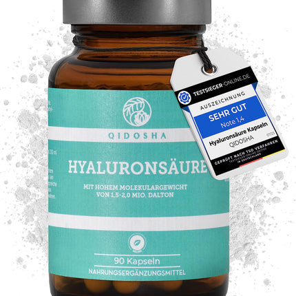 QIDOSHA® Premium hialuronskābes kapsulas, TESTA UZVARĒTĀJS 07/23*, augsta molekulmasa 1,5–2 miljoni daltonu (parastais tirgus: 0,5 miljoni), 250 mg/kapsula, 90 gab./aptiekas burciņā, vegāns, dabiski fermentēts