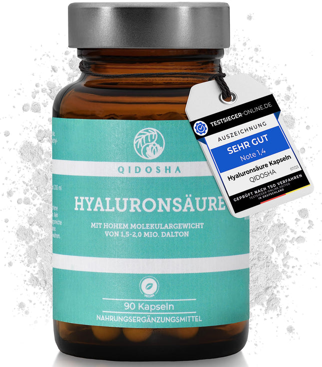 QIDOSHA® Premium hialuronskābes kapsulas, TESTA UZVARĒTĀJS 07/23*, augsta molekulmasa 1,5–2 miljoni daltonu (parastais tirgus: 0,5 miljoni), 250 mg/kapsula, 90 gab./aptiekas burciņā, vegāns, dabiski fermentēts