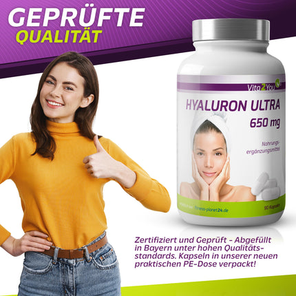 Vita2You hialuronskābe Ultra 650 mg - 90 vegānas kapsulas - augu izcelsmes, fermentētas - 500-700 kDa - augsta deva - 3 mēnešu krājumi - bez piedevām - hialuronskābe - augstākā kvalitāte