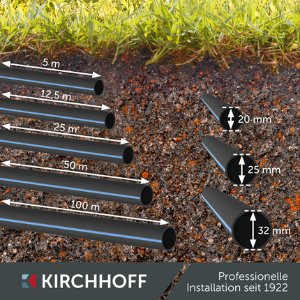 Kirchhoff ūdensvada caurule dārza apūdeņošanai 25 mm x 12,5 m | PE caurule sprinkleru sistēmai | HDPE cauruļu ieguldīšana | DVGW | Dzeramā ūdens caurule | Ražots ES