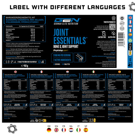 Joint Essentials - 180 tabletes - augsta deva ar 5100 mg dienā - glikozamīns + hondroitīns + MSM + hialuronskābe + kolagēns + C vitamīns + melno piparu ekstrakts - locītavu uztura bagātinātājs