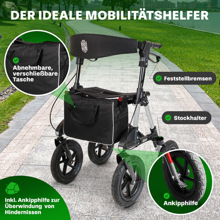 Āra rollators ar 30 cm pneimatiskajām riepām, sēdekļa un muguras siksnu ar noņemamu somu - augstumā regulējamiem ergonomiskiem rokturiem. Visurgājēju rollators, salokāms, izturīgs un viegls, izgatavots no alumīnija, pērļu baltā krāsā