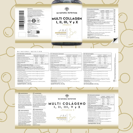 Multi kolagēna kapsulas. Augsta deva – 1650 mg. Bagātinātas ar C vitamīnu. Hidrolizēti I, II, III, V, X tipa kolagēna peptīdi. 180 kapsulas. Ādai, matiem, kauliem un locītavām. N2 dabīgais uzturs