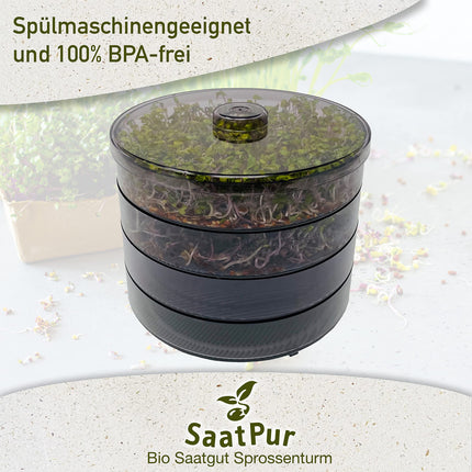 SaatPur® dīgšanas kastes komplekts ar 3 līmeņiem kā diedzēšanas ierīce: dīgļu audzēšana un mikrozaļumu audzēšanas paplātes. Dīgšanas kaste, diedzēšanas paplāte, kvalitāte, dīgšanas kaste, dīgšanas māja, dīgšanas ierīce