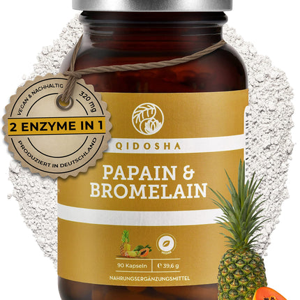 QIDOSHA® Papain Bromelain zarnās šķīstošās kapsulās, 320 mg vienā kapsulā, 90 kapsulas farmaceita glāzē, augstākā enzīmu aktivitāte 6194 USP (papaīns), Papain enzīms no papaijas, Bromelaīns no ananasiem