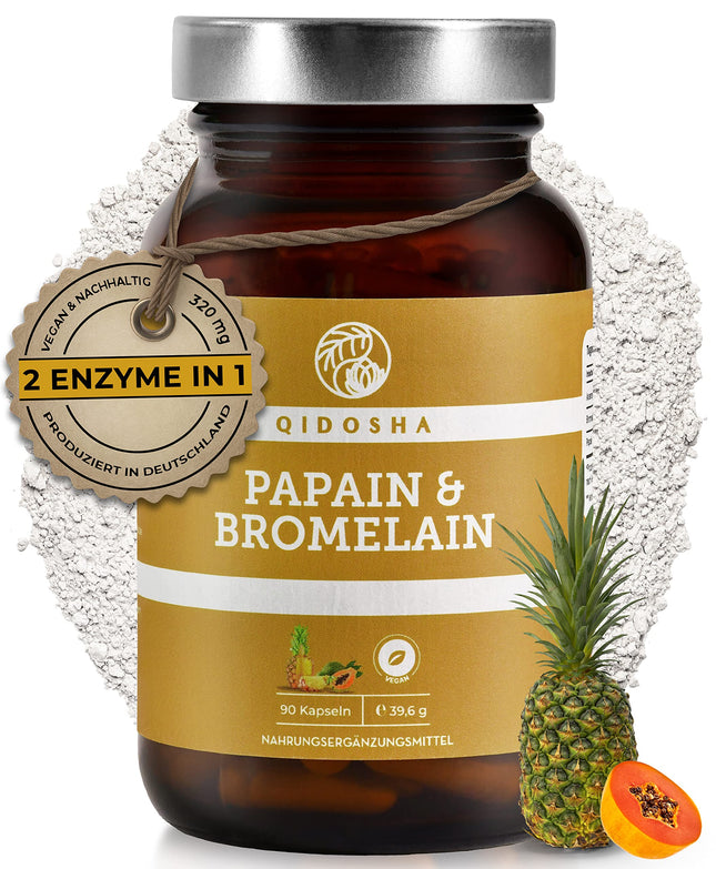 QIDOSHA® Papain Bromelain zarnās šķīstošās kapsulās, 320 mg vienā kapsulā, 90 kapsulas farmaceita glāzē, augstākā enzīmu aktivitāte 6194 USP (papaīns), Papain enzīms no papaijas, Bromelaīns no ananasiem