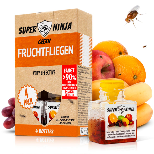 Super Ninja augļu mušu slazds iekštelpām – 4 iepakojums, efektīvs augļu mušu slazds mājām un virtuvei, līdz 3 nedēļām ilga darbība ar vienu pudeli, piemērots bērniem un mājdzīvniekiem