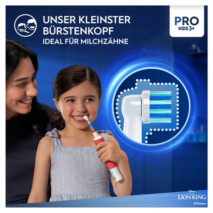 Oral-B Pro Kids Lion King elektriskā zobu birste bērniem no 3 gadu vecuma, ieskaitot Sensitive+ režīmu zobu kopšanai, īpaši mīksti sariņi, 1 birstes galviņa, 1 ceļojumu maciņš, balta/sarkana