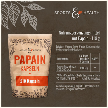 Papaīna kapsulas – 210 Carica Papaijas enzīmu kapsulas – augsta deva – 1500 mg dienā – Papaijas enzīmi bez piedevām – Papaijas gremošanas enzīms – Papaīns