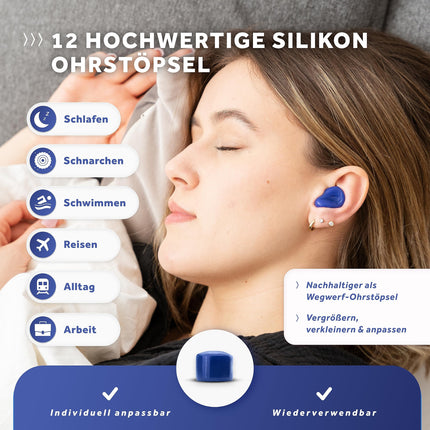 Schallwerk ® Soft+ | 12 silikona ausu aizbāžņi – optimāls atbalsts kā ausu aizsardzība miega laikā, mīksti ausu aizbāžņi miegam. Silikona ausu aizbāžņi miegam.