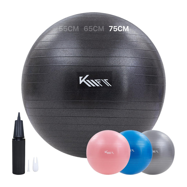 KM-Fit vingrošanas bumba 75 cm | Treniņu bumba ar gaisa pumpi | Biroja pretplīsuma bumba | Bumba fitnesam, jogai, vingrošanai, korsetes treniņiem | Pezziball jogas bumba bez BPA | Melns