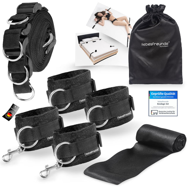 liebesfreunde® Bondage Set Bed Restraints Seksa rotaļlieta pāriem I Īpaši stabils BDSM bondage komplekts ar gultas ierobežojumiem, roku dzelžiem, aizsietām acīm