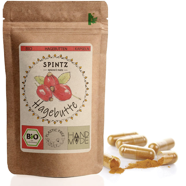 SPINTZ® 420 gab. Organiskās mežrozīšu kapsulas - vegānas mežrozīšu kapsulas ar lielu devu - 500 mg organiskā mežrozīšu pulvera no bioloģiskās lauksaimniecības - mežrozīšu pulveris | plastmasas nesaturošs iepakojums