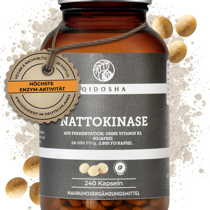 QIDOSHA® nāttokināzes kapsulas, augsta deva, visaugstākā enzīmu aktivitāte ar 28000 FU/g, 240 kapsulas stikla burkā, vegānas, bez K2 vitamīna, gala produkts bez sojas